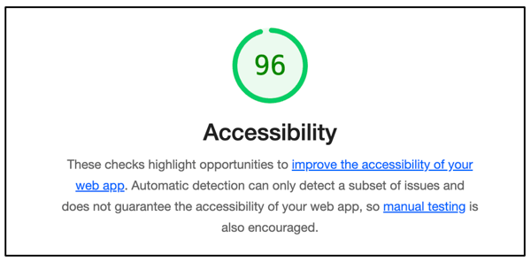 Report showing a 96% accessibility score for a Kudos Story page.